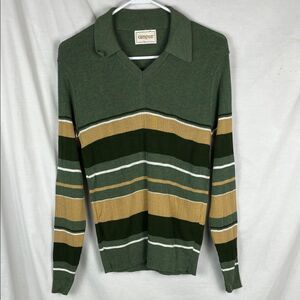Vintage Striped Green and Tan Campus Easy Life V Neck Knit Blouse